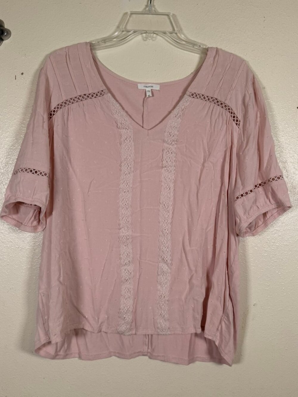 Maurices XL Blush Pink Lace Trim Swiss Dot Boho Blouse